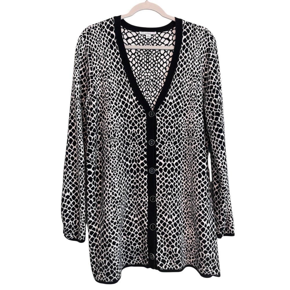 Isaac Mizrahi Live! Cardigan Button Up Sweater Black And White‎ Animal Print L